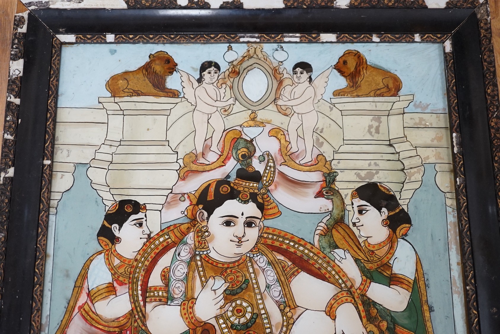 Indian School c.1900, five reverse paintings on glass, Nobles, deities and other figures, largest 59 x 44cm